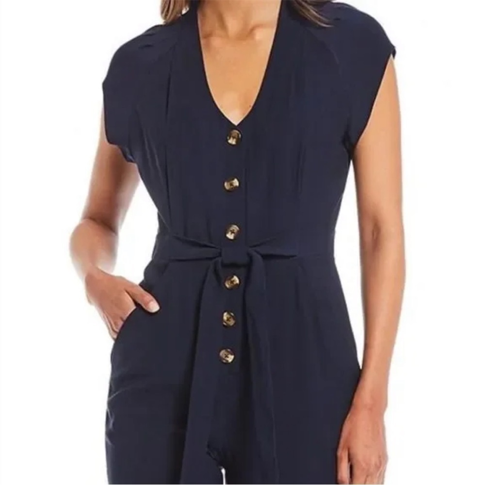 A LOVES A Blue Button Down V Neck Belted Jumpsuit